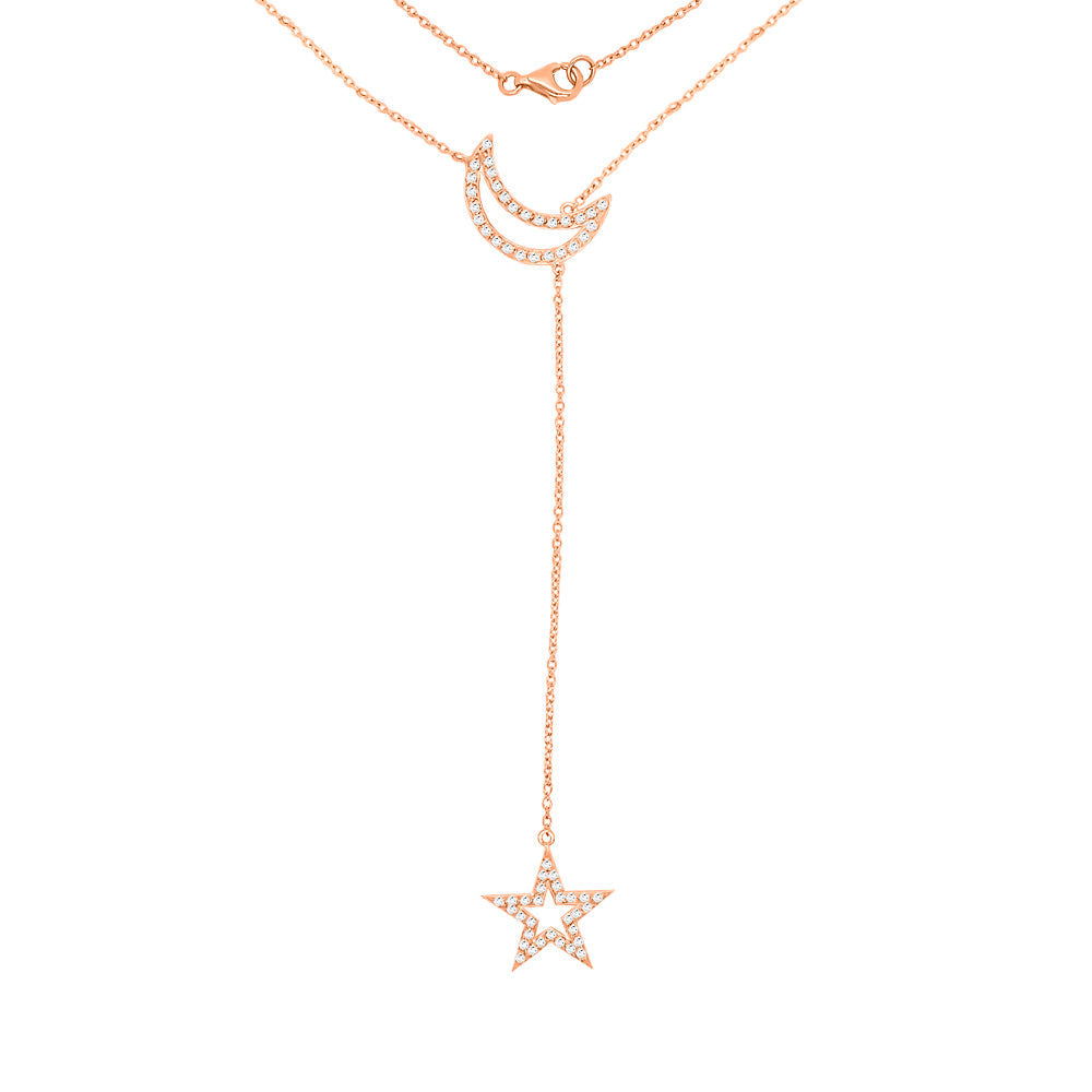 0.55Ct Diamond Star & Moon Necklace, 18"-20" in 14K Gold