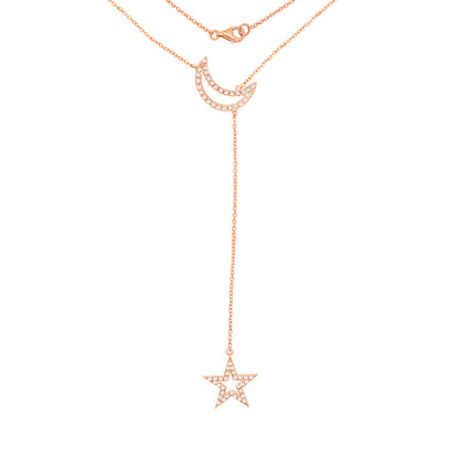 0.55Ct Diamond Star & Moon Necklace, 18"-20" in 14K Gold
