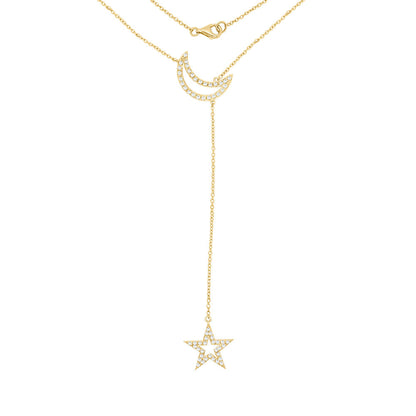0.55Ct Diamond Star & Moon Necklace, 18"-20" in 14K Gold
