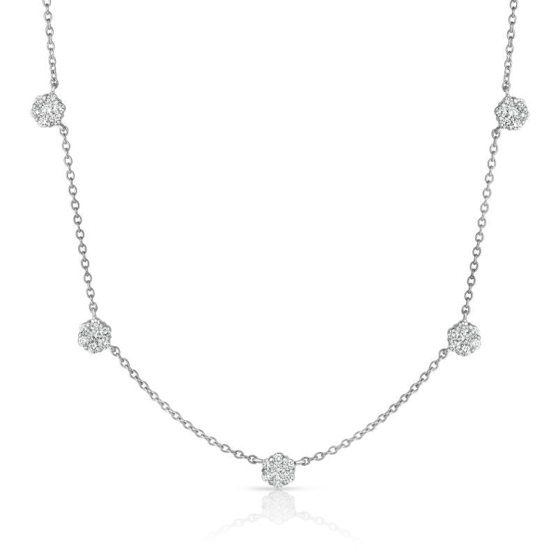 1.20Ct Diamond Cluster Necklace, 17" in 14K White Gold
