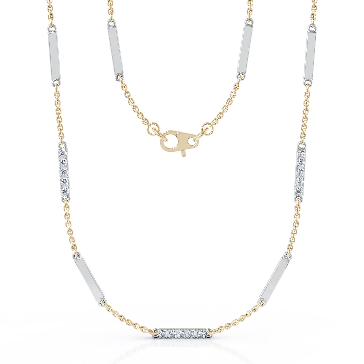 0.55Ct Diamond & Gold Bar Chain Station Necklace, 26" in 14K Gold