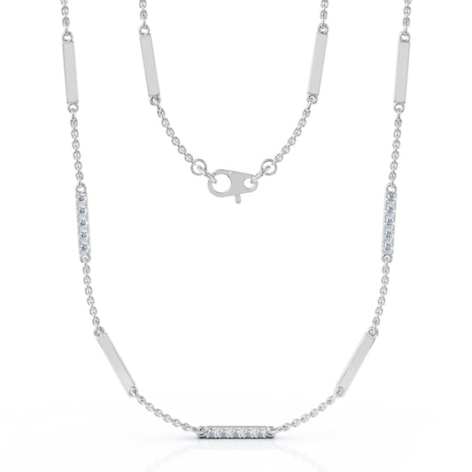 0.55Ct Diamond & Gold Bar Chain Station Necklace, 26" in 14K Gold
