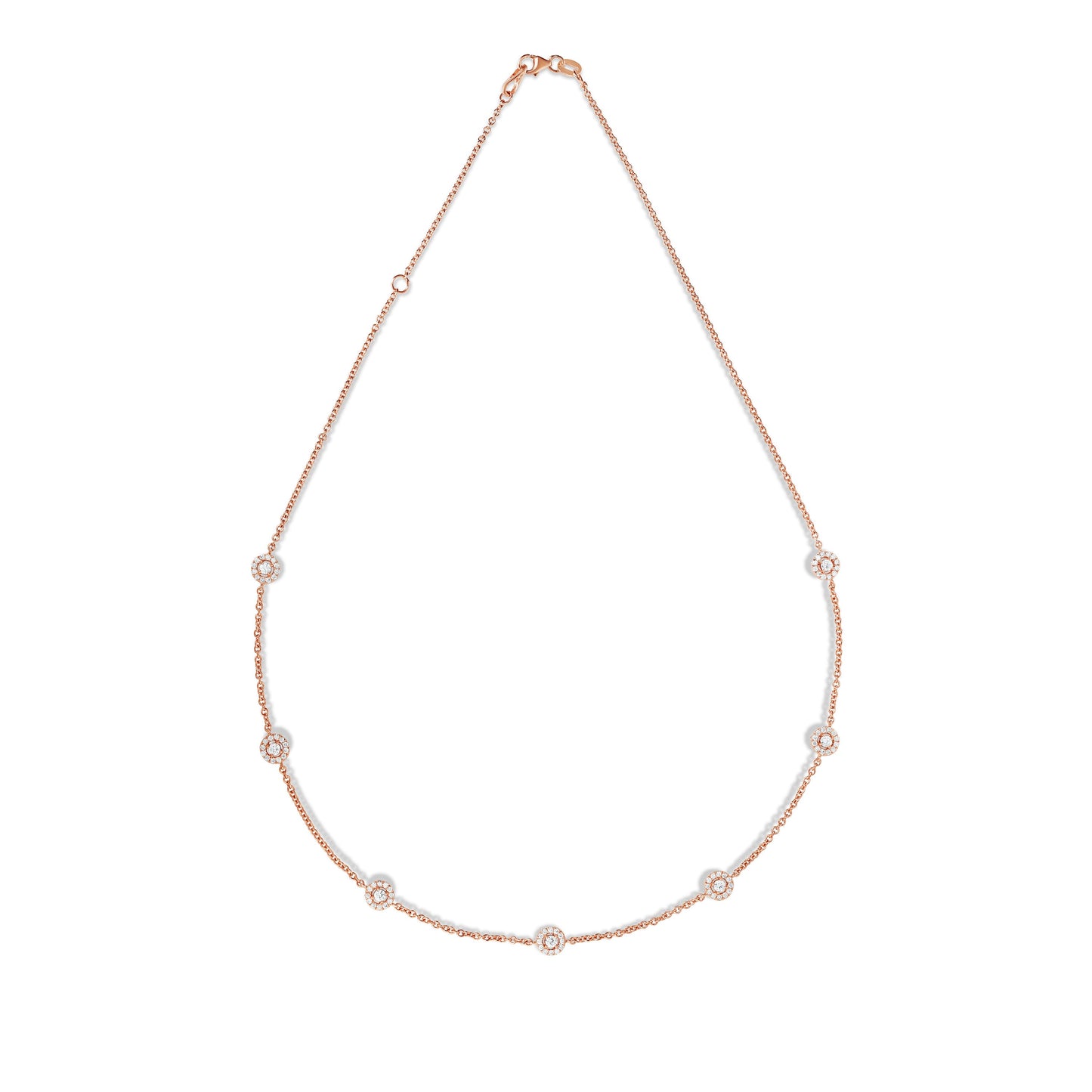 7 Station 1.70Ct Diamond Cluster Necklace, 16"-18" in 14K Rose Gold