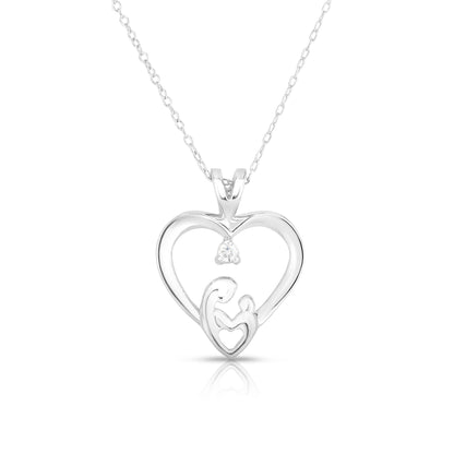0.05 Ct Diamond Mother & Child Heart Pendant, 18" Gold Chain in 14K Gold