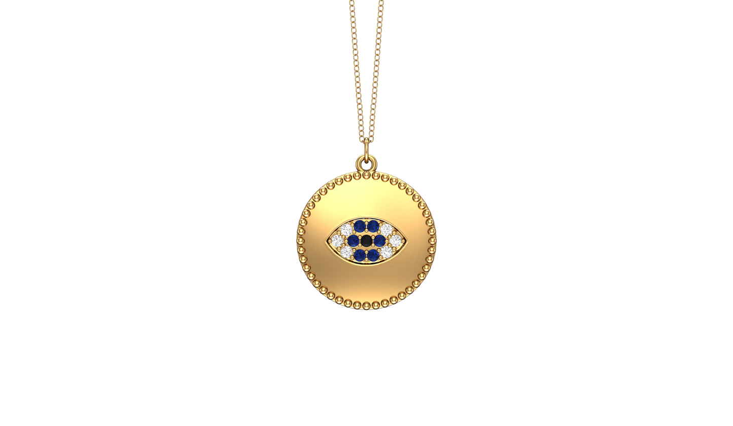 0.10Ct Diamond Evil Eye Disc Pendant, 18" Gold Chain in 14K Gold
