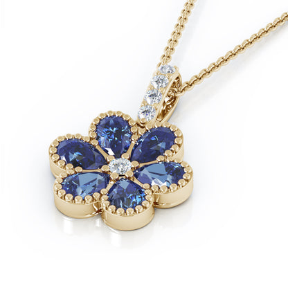 14K Gold Gemstone & Diamond Flower Pendant, 18" Gold Chain