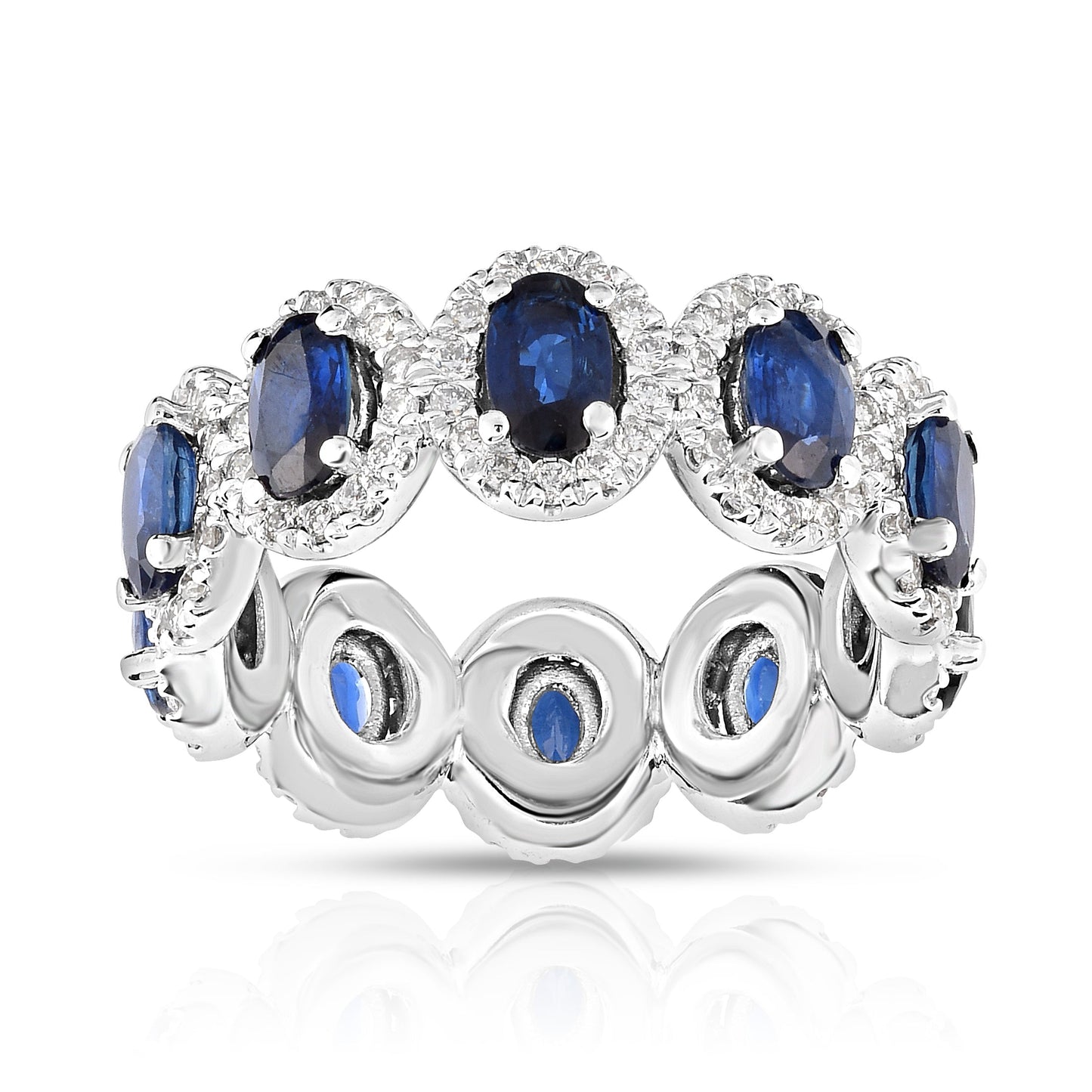 Oval Blue Sapphire & 0.90Ct Diamond Eternity Wedding Ring in 14K White Gold