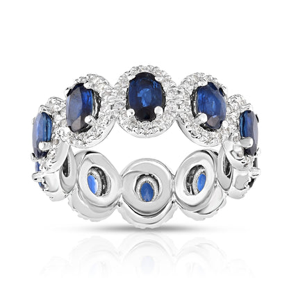 Oval Blue Sapphire & 0.90Ct Diamond Eternity Wedding Ring in 14K White Gold