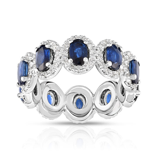 Oval Blue Sapphire & 0.90Ct Diamond Eternity Wedding Ring in 14K White Gold