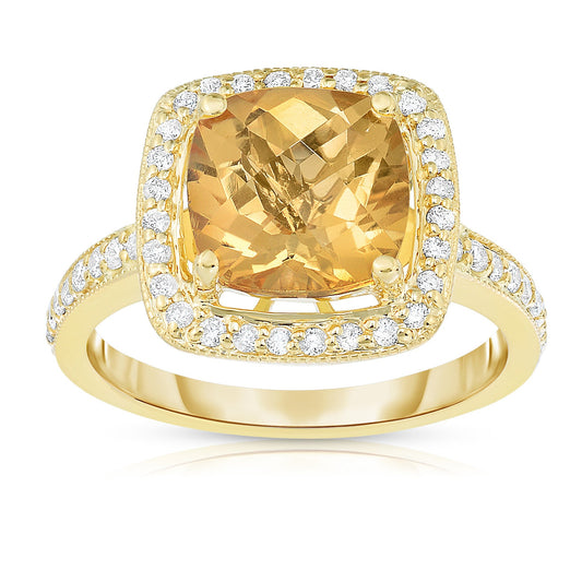 Cushion Gemstone & 0.40Ct Diamond Milligrain  Ring in 14K Gold