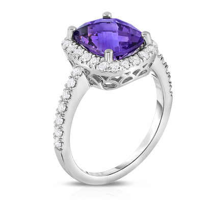 Emerald Shape Gemstone & 0.50Ct Diamond Ring in 14K White Gold