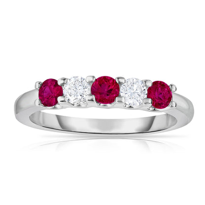 5-Stone Ruby & 0.25Ct Diamond Ring in 14K White Gold
