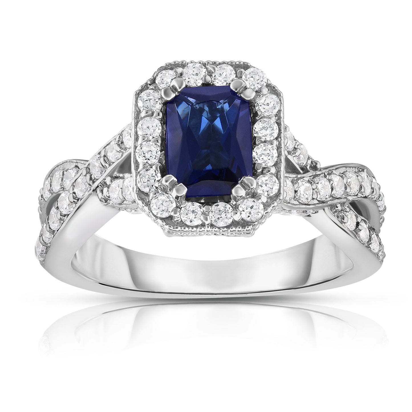 Blue Sapphire & 0.85Ct Diamond Braided Ring in 14K White Gold