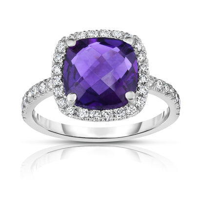 Cushion Amethyst & 0.45Ct Diamond Ring in 14K White Gold