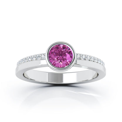 Bezel 5MM Gemstone & 0.15Ct Diamond Ring in 14K Gold