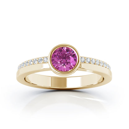 Bezel 5MM Gemstone & 0.15Ct Diamond Ring in 14K Gold