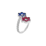 Double Flower Ruby, Sapphire & Diamond Ring in 14K Gold