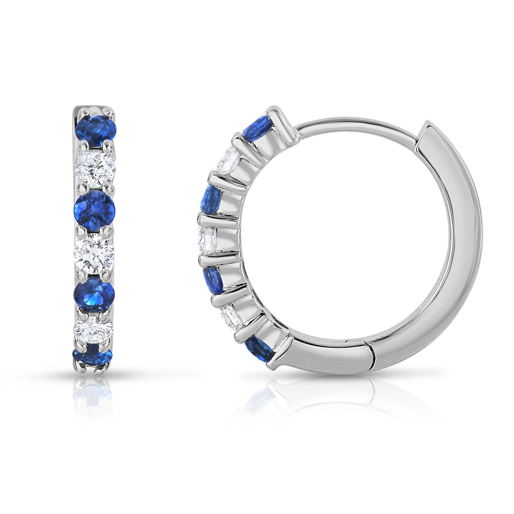 14K White Gold Blue Sapphire & Diamond (0.30 Ct, G-H Color, SI2-I1 Clarity) Hoop Earrings