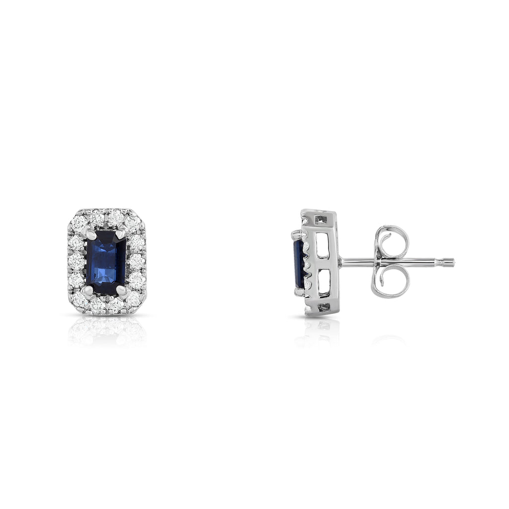 14K White Gold Blue Sapphire and Diamond (1/4 Ct, G-H Color, SI2-I1 Clarity) Emerald Shape Earrings