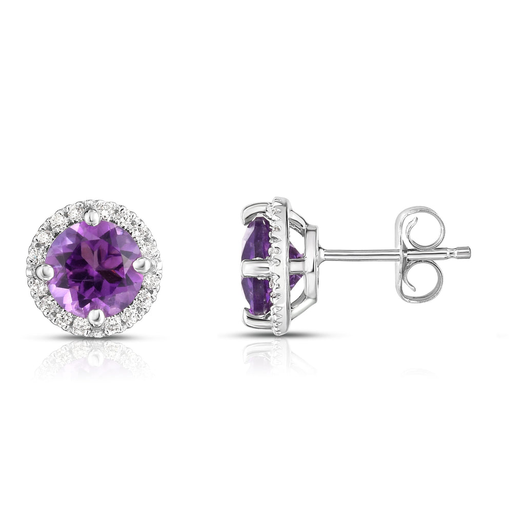 14K White Gold Gemstone & Diamond (0.17 Ct, G-H Color, SI2-I1 Clarity) Halo Stud Earrings