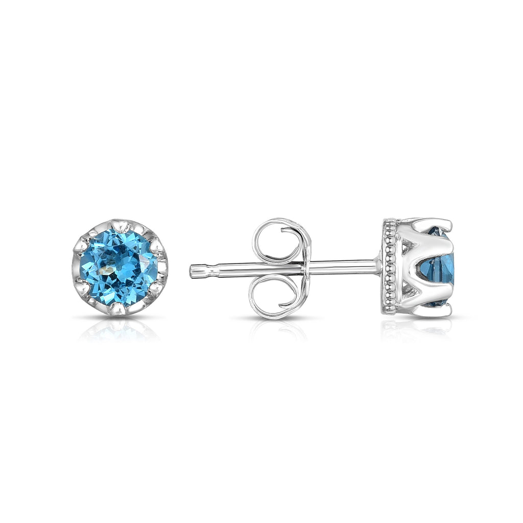 14K White Gold London Blue Topaz Petite Stud Earrings (4 MM; Round Cut)