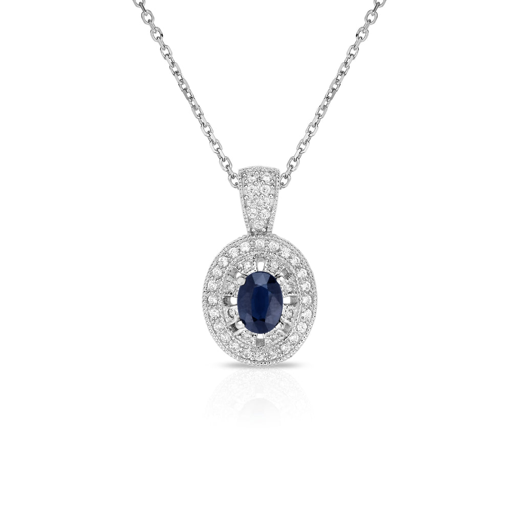 14K White Gold Oval Blue Sapphire & Diamond (0.40 Ct, G-H Color, SI2-I1 Clarity) Pendant, 18" Gold Chain