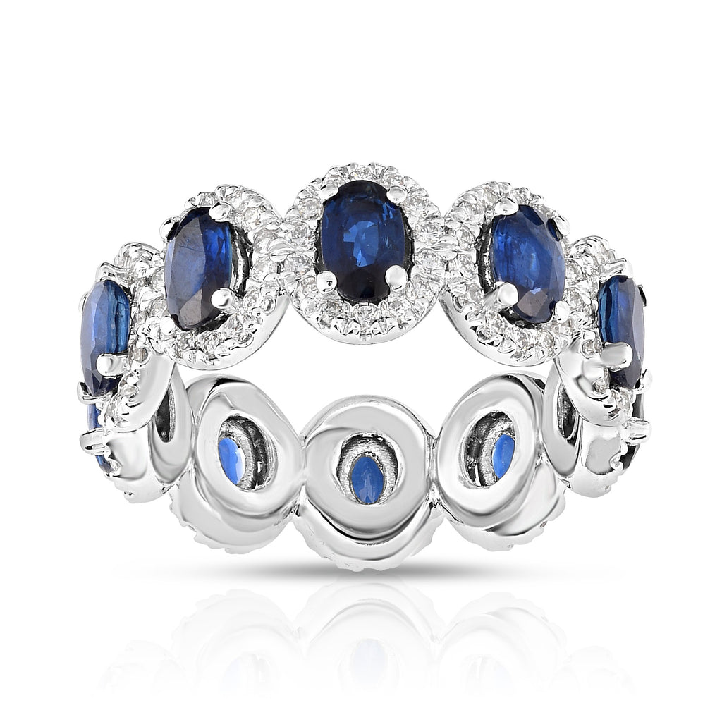14K White Gold Oval Blue Sapphire & Diamond ( 0.90 Ct, G-H Color, SI2-I1 Clarity) Eternity Wedding Ring