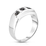 14K White Gold Black Diamond (0.14 Ct, I1-I2 Clarity, Black Color) Men's 3-Stone Ring