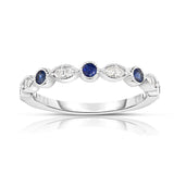 14K White Gold Blue Sapphire & Diamond (0.08 Ct, G-H Color, SI2-I1 Clarity) Stackable Milligrain Ring