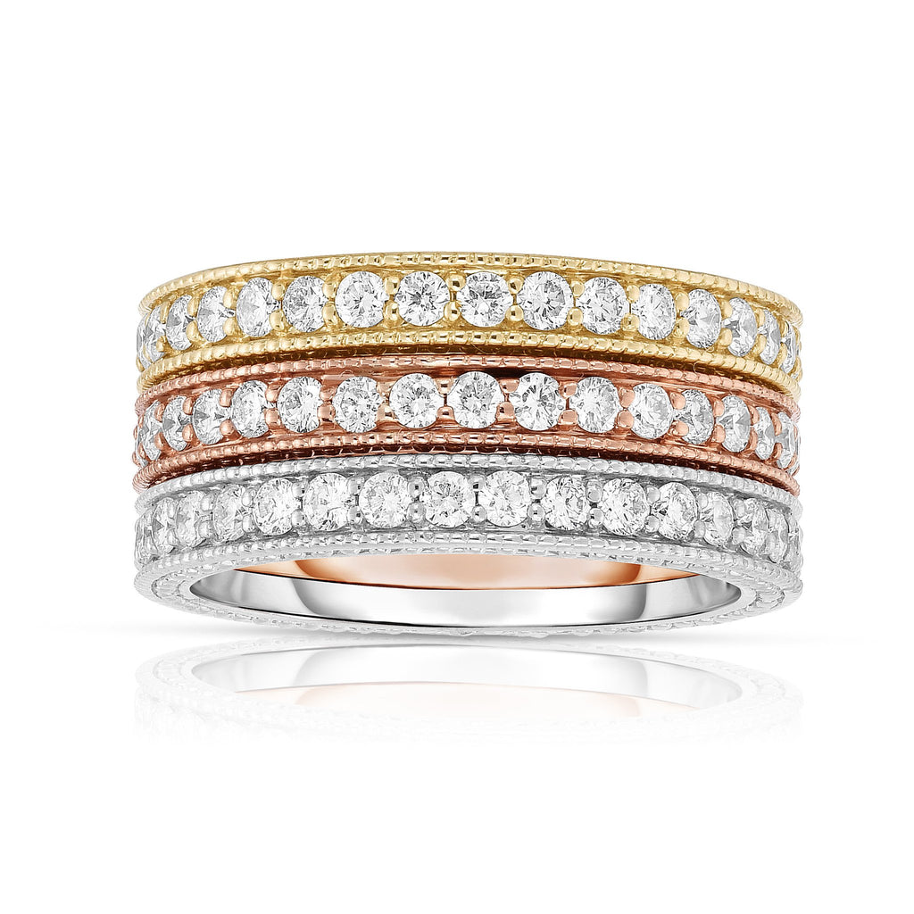 14K White, Yellow & Rose Gold (2.10 Ct, G-H, SI2-I1 Clarity) Miligrain Stackable Ring Set