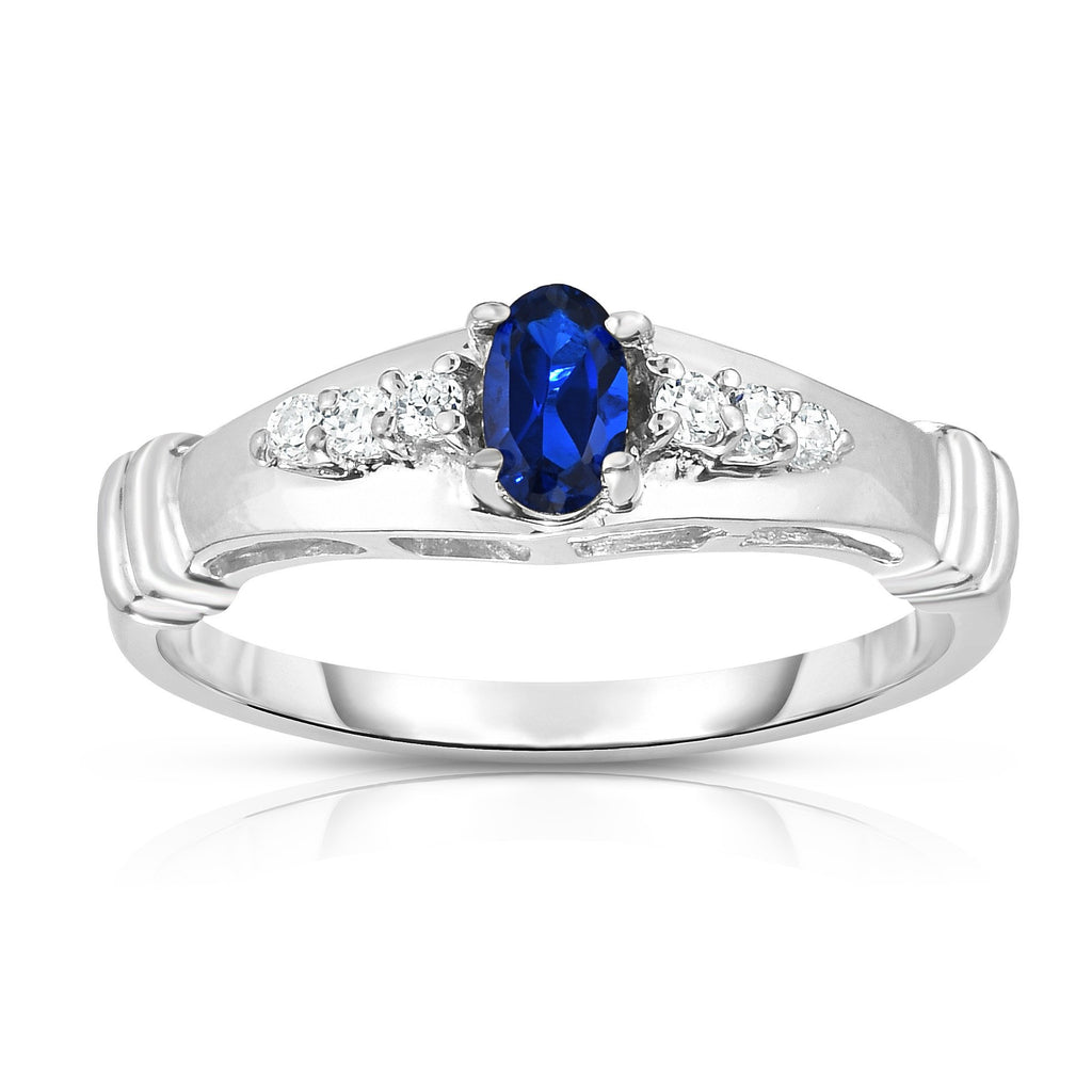 14K White Gold Oval Blue Sapphire & Diamond (0.10 Ct, G-H Color, I1-I2 Clarity) Ring